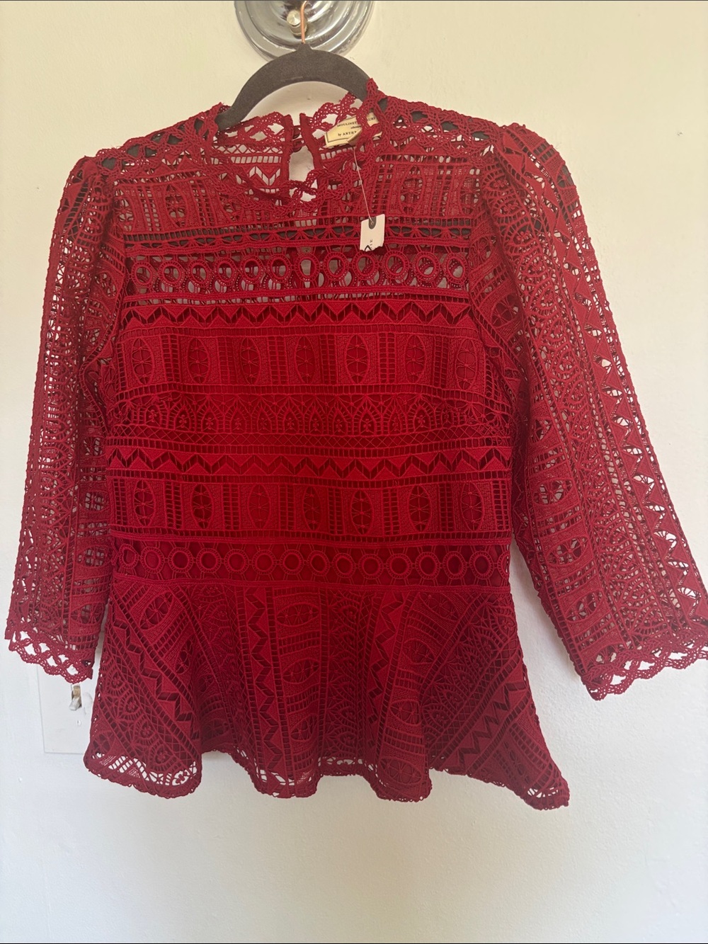 Anthropologie Moulinette Soeurs Tamara Red Lace Peplum Blouse Top - Picture 2 of 4